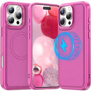 Meifigno Magnetic Case Designed for iPhone 16 Pro Max, [Luxury PU Leather] [Compatible with Magsafe] [Metal Button] Protective Phone Case Compatible with iPhone 16 Pro Max (2024) 6.9", Hot Pink