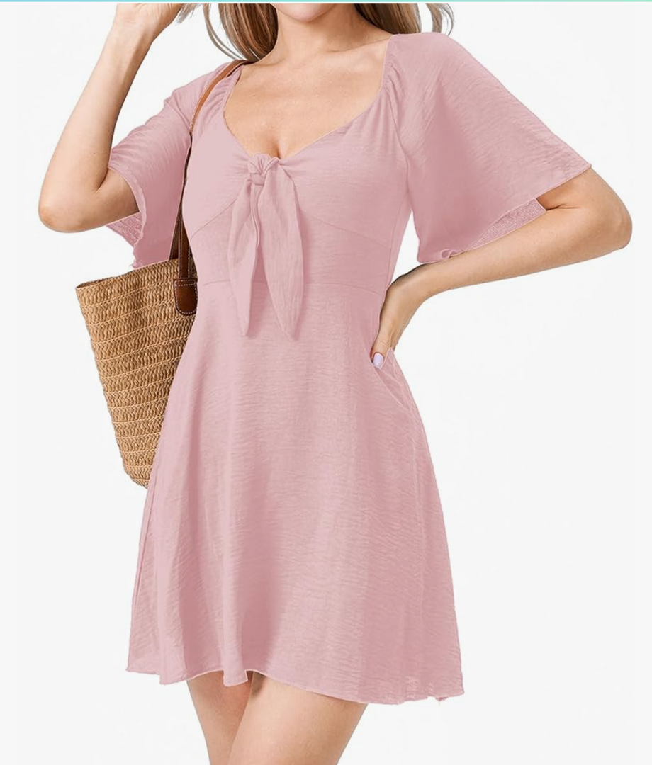 Womens Dresses 2025 Spring Summer Deep V Neck Casual Bow Tie Mini Cocktail Beach Dress, Size: S