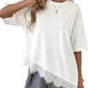 LOLONG Women's Casual Crew Neck Half Sleeve T-Shirt Asymmetrical Hem Lace Patchwork Loose Fit Tops, XL