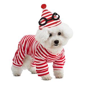 Red and White Striped Dog Halloween Costumes 2 Pcs Puppy Jumpsuit with Hat for Halloween Party (Red and White, Medium)
