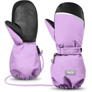 MCTi Kids Mittens Waterproof Winter Ski Warm Sherpa Lined Long Cuff with String (Small, Grayish Purple)