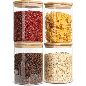 ComSaf Glass Storage Containers with Lids, 1.2 Qt Glass Jars with Lids, Clear Food Storage Jar, Canister For Pantry Cookie Flour Cereal Rice Sugar Tea Coffee Beans Spice, Square Set of 4