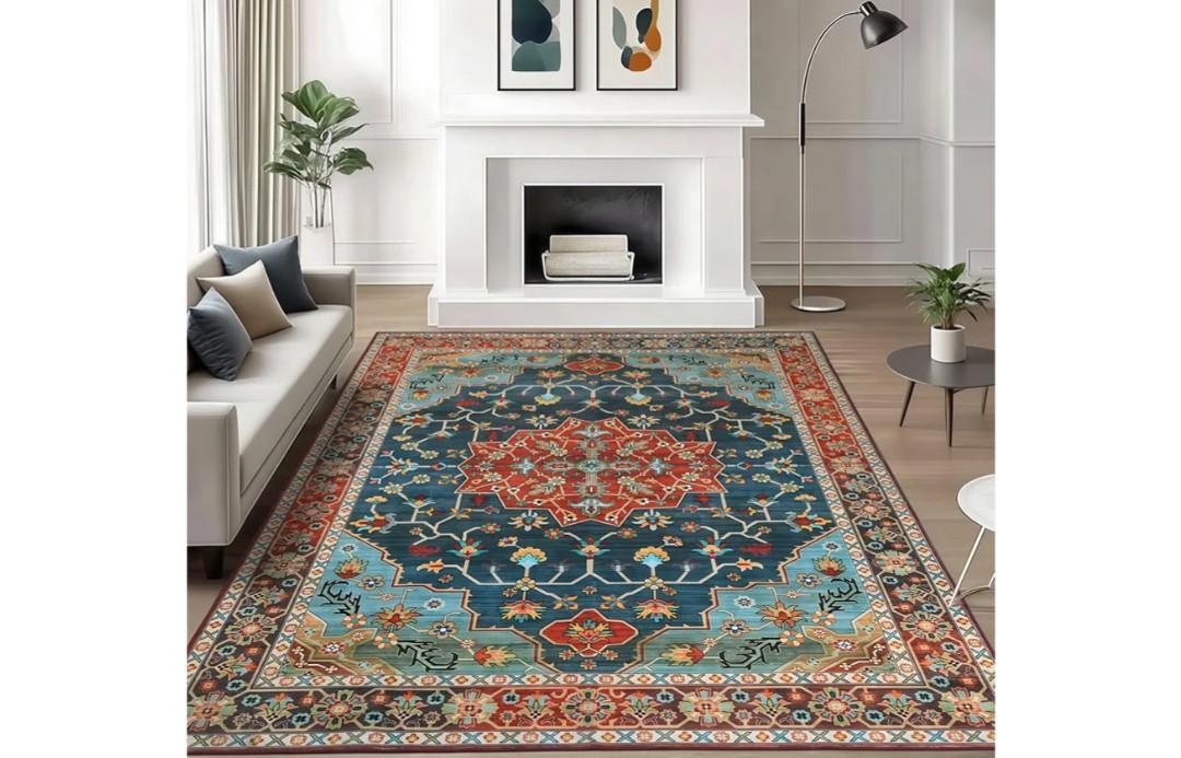 WILLSUN Washable Area Rugs, 5x7 Non-Slip Boho Large Area Rugs for Living Room, Bedroom, Machine Washable Vintage Rug, Indoor Floral Print Carpet for Home Decor, Kid & Pet Friendly Mat