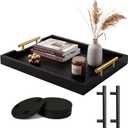 Wood Serving Tray with Metal Handles, 17x13in Large Wooden Tray for Ottoman, Coffee Table, Breakfast, Dinner & Bar, Decorative Tray for Living Room, Bedroom, Bathroom and Kitchen, Black