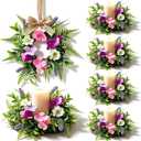 6 Pcs Summer Tropical Mini Candle Ring Wreaths Artificial Hibiscus Flowers Small Candle Holder Wreaths with Fern Fronds for Home Kitchen Front Door Cabinets Farmhouse Porch Wall Table Centerpieces