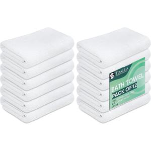 12 Pack White 100% Cotton Bath Towels, 20x40 Inches, Lightweight, Quick Drying, Commercial Grade, Gym, Salon, Spa & Hair