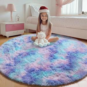 ONASAR Rainbow Round Area Rug 4ft, Soft Bedroom Circle Throw Rugs for Kids Girls Boys Teen Dorm Room, Fluffy Plush Shaggy Carpet Mats for Nursery Living Room Playroom Home Decor Princess Castle