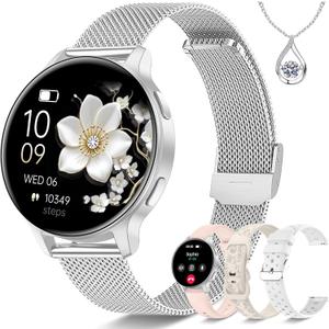 Smart Watch for Women, 1.27" HD Fitness Tracker with 4 Bands & Necklace Gift Set, Heart Rate SpO2 Sleep Monitor, 120+ Sport Modes, Call & Notifications, Smartwatch for Android iPhone, 40mm Silver