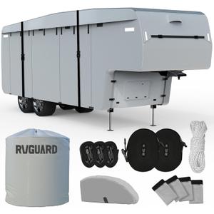 RVGUARD 5th Wheel RV Cover, Camper Cover for 29' - 33' RV, 6 Layers Anti-UV Windproof Waterproof Fifth Wheel Cover, with Storage Bag and Straps, Grey