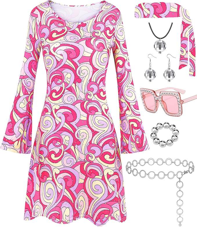 Hippie Costume for Women 60s 70s Disco Dress Outfits Peace Sign Necklace Earrings Sunglass Accessories Set, Size S