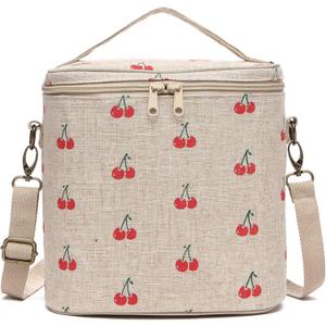 Lunch Bag for Women, Soft Linen Lunch bag with adjustable shoulder strap, Insulated Womens Lunch Bag for Work, Machine Washable Lunch Box with removable liner (Cherry)