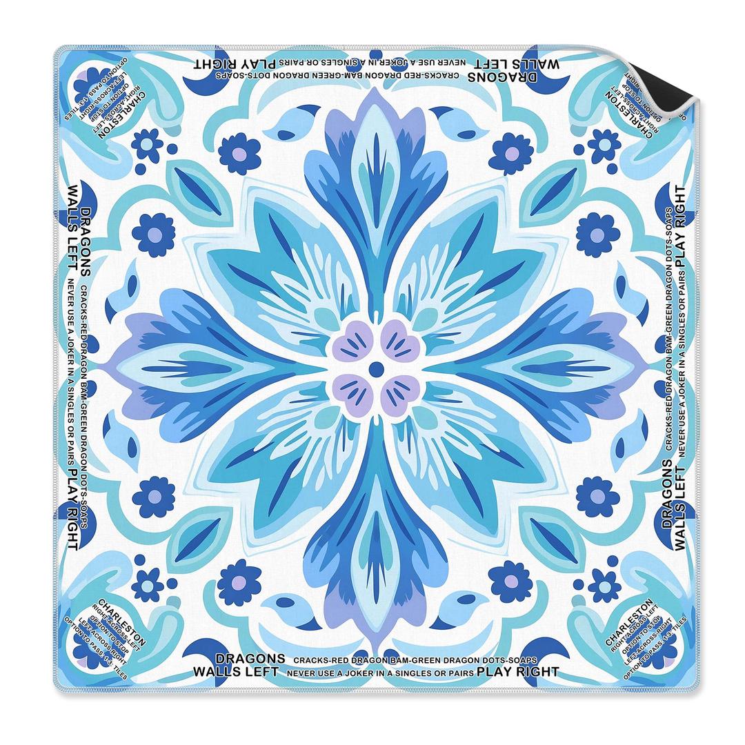 Yomisex Blue and Teal Floral Mahjong Mat 31.5 x 31.5 Inch, Mediterranean Mandala Flower Non-Slip Noise Reduction Mahjong Table Mat for American Mah Jong Poker Card Board Games Dominoes