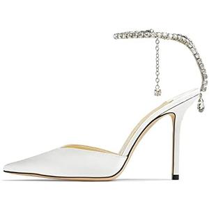 BlingQueen Women's Heeled Sandals Crystal Chain Rhinestone Embellished Strap Pumps Pointy Stilettos Backless Wedding Dressy Bridal Shoes 6.5, White  BlingQueen Women's Heeled Sandals Crystal Chain Rhinestone Embellished Strap Pumps Pointy Stilettos Backless Wedding Dressy Bridal Shoes 6.5, White