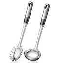 Stainless Steel Ladle and Pasta Server Set, Food-Grade Thickened Metal Soup Ladle & Spaghetti Spoon with Non-Slip Handles, Durable Cooking Utensils for Pasta, Soup & Everyday Kitchen Use