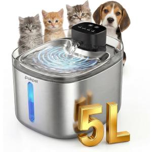Water Fountain for Cats & Dogs 5L/169fl.oz Stainless Steel Wireless Cordless Pet Drinking Water Dispenser Cat Fountain for Indoor Outdoor &1Filter