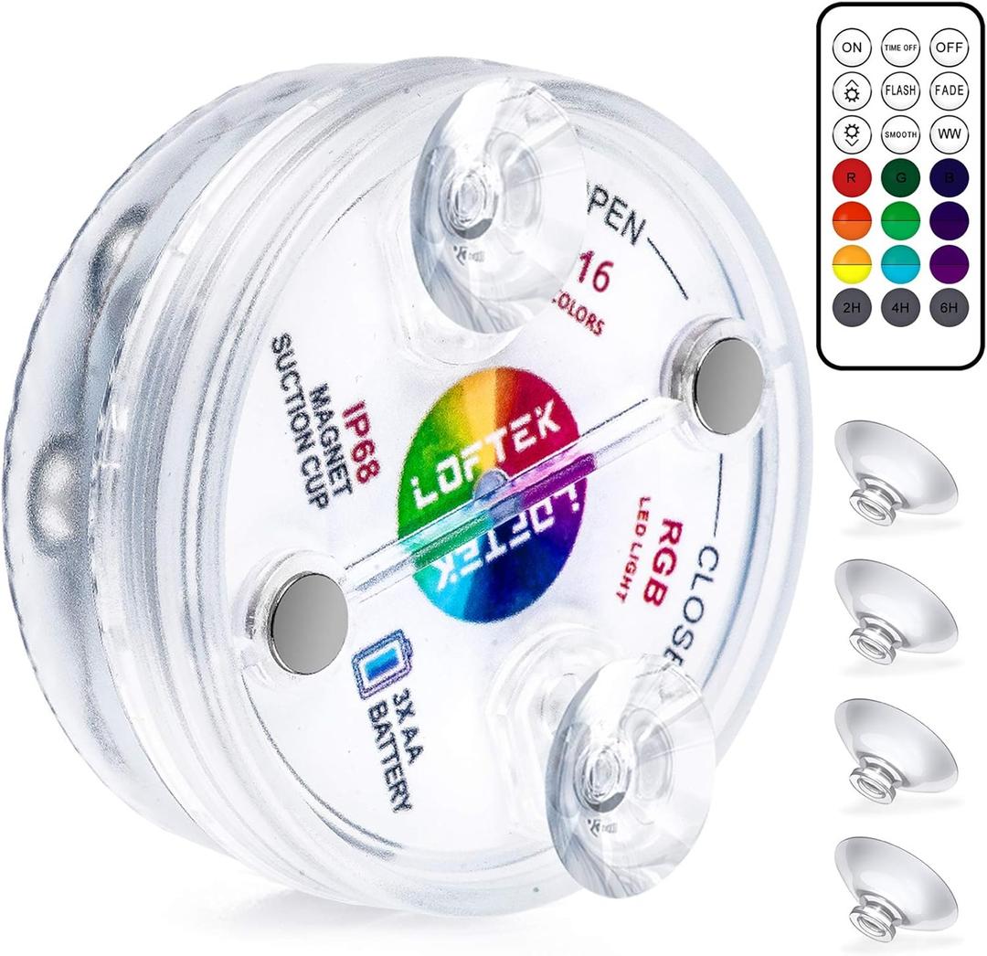 LOFTEK Submersible LED Lights with Remote, 13 LED Pool Lights for Inground Above Ground Pool with Magnets &Suction Cups,16 Color Changing Underwater Light for Ponds Battery Operated, 1 Pack