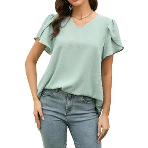 Womens Tops Dressy Casual Swiss Dot V Neck Ruffle Tunic Blouse for Women Cute Petal Short Sleeve Pom Pom Shirt Office (Green)