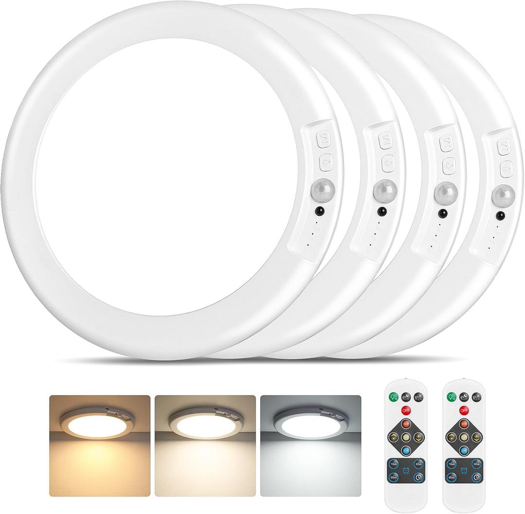 Bairth Rechargeable Motion Sensor Ceiling Lights with Remote, Battery Operated Ceiling Lights No Wiring, Wireless 3 Colors Dimmable Overhead Lamps for Closet Shower Shed Hallway, 4-Pack