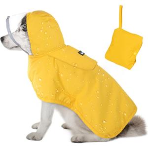 Lukovee Dog Raincoat, Adjustable Dog Rain Jacket with Clear Hooded Double Layer for Dogs Puppies, Waterproof Rain Coat Poncho with Reflective Storage Pocket & Rim (Yellow, L)