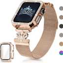 Magnetic Band Compatible with Apple Watch 38mm 40mm 41mm 42mm 44mm 45mm 46mm Stainless Steel Metal Strap with Bling Case and Built-in Screen Protector, Dressy Milanese Loop iWatch Bands for Women (Rose Gold)
