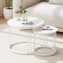 Garden 4 you Nesting Coffee Table, 23.6" Round Coffee Table Set of 2, Wooden Nesting Table with Metal Frame, Ceter Tables for Living Room Bedroom Balcony, White, 23.6 inches x 23.6 inches x 19.7 inches