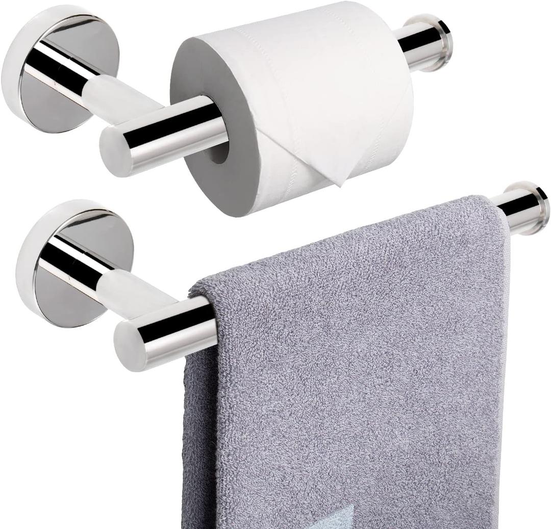 NearMoon Bath Toilet Paper Holder+ Hand Towel Holder, 2 Pieces Bathroom Hardware Set- Premium 304 Stainless Steel Toilet Roll Holder and Towel Rack Wall Mounted for Kitchen (Chrome Finish)