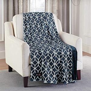 Brookstone Ultra Soft Plush Electric Heated Throw 4-Heat Settings Built-in Remote, Machine Washable, Grey/White Design (Navy/White)