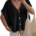 PRETTYGARDEN Womens 2026 Summer Oversized Cardigans Batwing Short Sleeve Lightweight Button V Neck Casual Knit Sweater Tops (Black, Large)