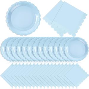 120 Pcs Light Blue Paper Plates and Napkins Party Supplies Bulk Disposable 7 Inch Scalloped Plates Cocktail Napkins for Wedding Bridal Baby Shower Birthday Decorations, Serve 60 Guests