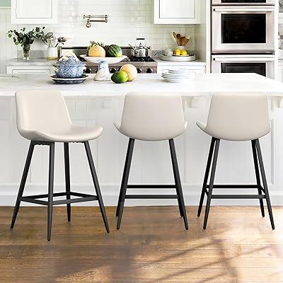 24 inch Counter Stool, Modern Bucket Barstool Set of 3, Barstools with Back and Footrest, Faux Leather Bar Stools for Kitchen Island Restaurants Light Beige Gray 
