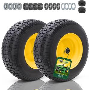 16x6.50-8 Tire and Wheel Assembly (2 Pack),Flat Free Lawn Mower Tires with Rim, Solid Rubber Riding Lawn Mower Tires and Wheels,3/4" Bearings (Extra 5/8" Bearings),3" Centered Hub(Yellow)