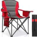 Oversized Padded Camping Chairs for Adults,Heavy Duty Support 400 Lbs,Folding Portable Lawn Chair w/Cup Holder,Cooler Bag,Side Pocket,Perfect for Outdoor Picnic,Hiking(Red), 1 Pack