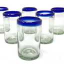 Hand Blown Mexican Drinking Glasses - Set of 6 Juice Glasses with Cobalt Blue Rims (8 oz each)