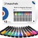 maxtek Magnetic Dry Erase Markers with Eraser - 12 Count Colorful Fine Tip Whiteboard Markers for Kids, Low Odor Whiteboard Markers for Calendar Boards White Board