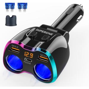 2025 Upgraded Cigarette Lighter Splitter, SUPERONE 180W 2-Socket Cigarette Lighter Adapter with Dual QC3.0 and 20W PD USB C Car Charger Splitter for GPS/Dash Cam/Laptop/iPad/iPhone 17/16/15/14/13/12 (Pinkish Blue)