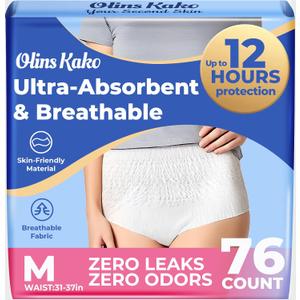 Adult Incontinence & Postpartum Bladder Leak Underwear for Women, Ultra Absorbent Breathable Women's Daily Use Pull-On Panties, Leak-Proof Comfortable Fit, Maximum Absorbency, Medium Size, 76 Count