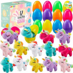 JOYIN 12 Pcs Filled Easter Eggs with Plush Unicorn, Bright Colorful Eggs Prefilled with Variety Plush Unicorn for Kids Toddlers Easter Hunt, Basket Stuffers and Party Favors