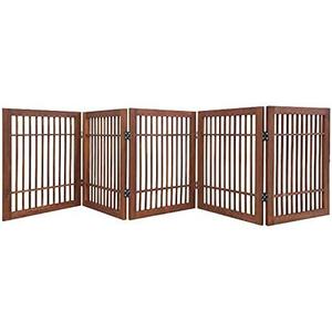 Urnporium Freestanding Wooden Dog Gate Foldable Indoor Pet Gate No Drill Expandable Barrier for Doorways Stairs Hallways Portable Wood Fence for Small Dogs & Puppies (Brown Pet Gate, 5 Panel 24" Tall)