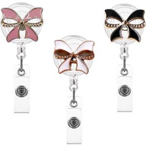 3 Pcs Elegant Crystal Badge Reels Retractable Badge Holder Clip, Cute Pink Bow Tie Nurse Badge Reel Clip Retractable ID Name Tag Card Badge Holder for Nurses Doctor Teacher