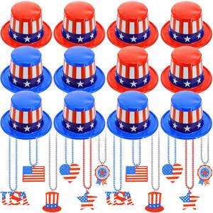12 Pcs 4th of July Accessories Bulk Patriotic Plastic Top Hat with Red White Blue Necklaces USA Patriotic Party Supply (Classic), 4.7 inches x 11.2 inches x 9.6 inches