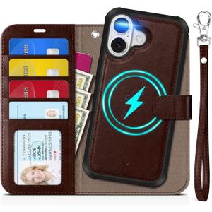 TUCCH 2-in-1 Detachable Wallet Case for iPhone 17 (6.3-inch) 2025, Wireless Charging | RFID Blocking 4 Card Holders | Wrist Strap | Kickstand | Magnetic | PU Leather Folio Cover | Chocolate Brown