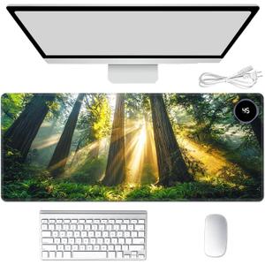 Heated Mouse Pad Hand Warmer, Warm Desk Pad Mousepad Desk Mat with 3 Levels Heating and Auto Shut Down 31.5 x 13 inch PU Leather Warmer Keyboard Mat for Gaming Office Home, Forest Tree Sunshine