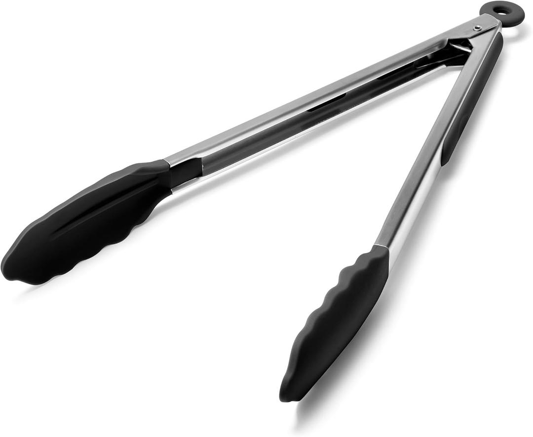 Doosu Kitchen Tongs for Cooking - 600F Heat Resistant Food Tong with Non-Scratch Silicone Tips, Heavy Duty Stainless Steel Locking Tong for BBQ, Grilling Steak, Serving Salad, Pasta (12in, Black)