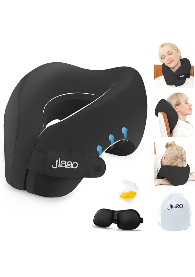 Travel Neck Pillow, Advanced Neck Support for International Flights, 3D Eye Masks, Ear Plugs and Storage Bag, Memory Foam U-Shaped Pillow for Travel, Sleep Rest, Trains, Road Trips