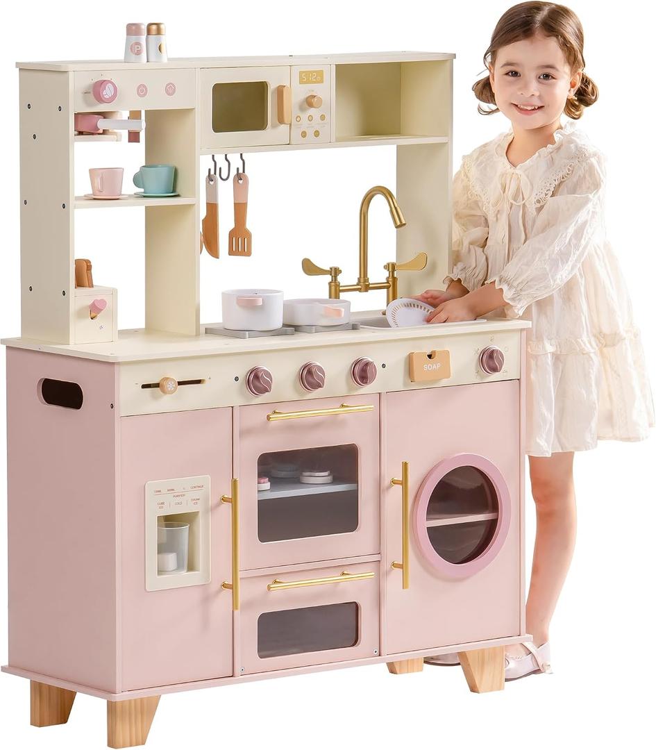 ROBOTIME Kids Play Kitchen, Modern Wooden Toy Kitchen with Ice Maker, Coffee Maker, Oven, Microwave, Toaster, Stove, Dishwasher & Sink, Ultimate Kids Kitchen Playset for Ages 3+
