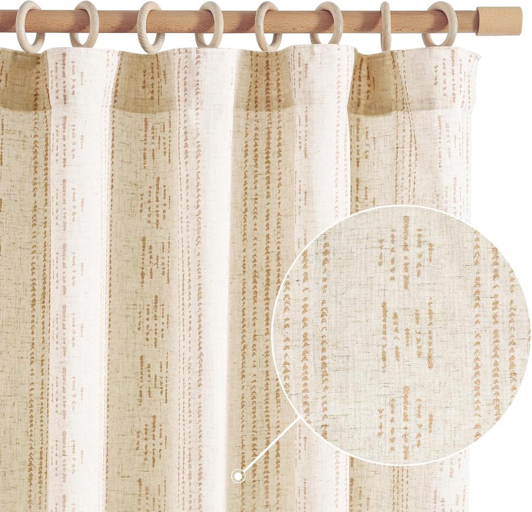 Jinchan Boho Linen Blend Curtains for Living Room & Bedroom - Farmhouse Striped Mudcloth Taupe Curtains, 90 Inch Length, Rod Pocket, Light Filtering (50"W x 90"L (Pack of 2), Back Tab| Taupe on Flax)
