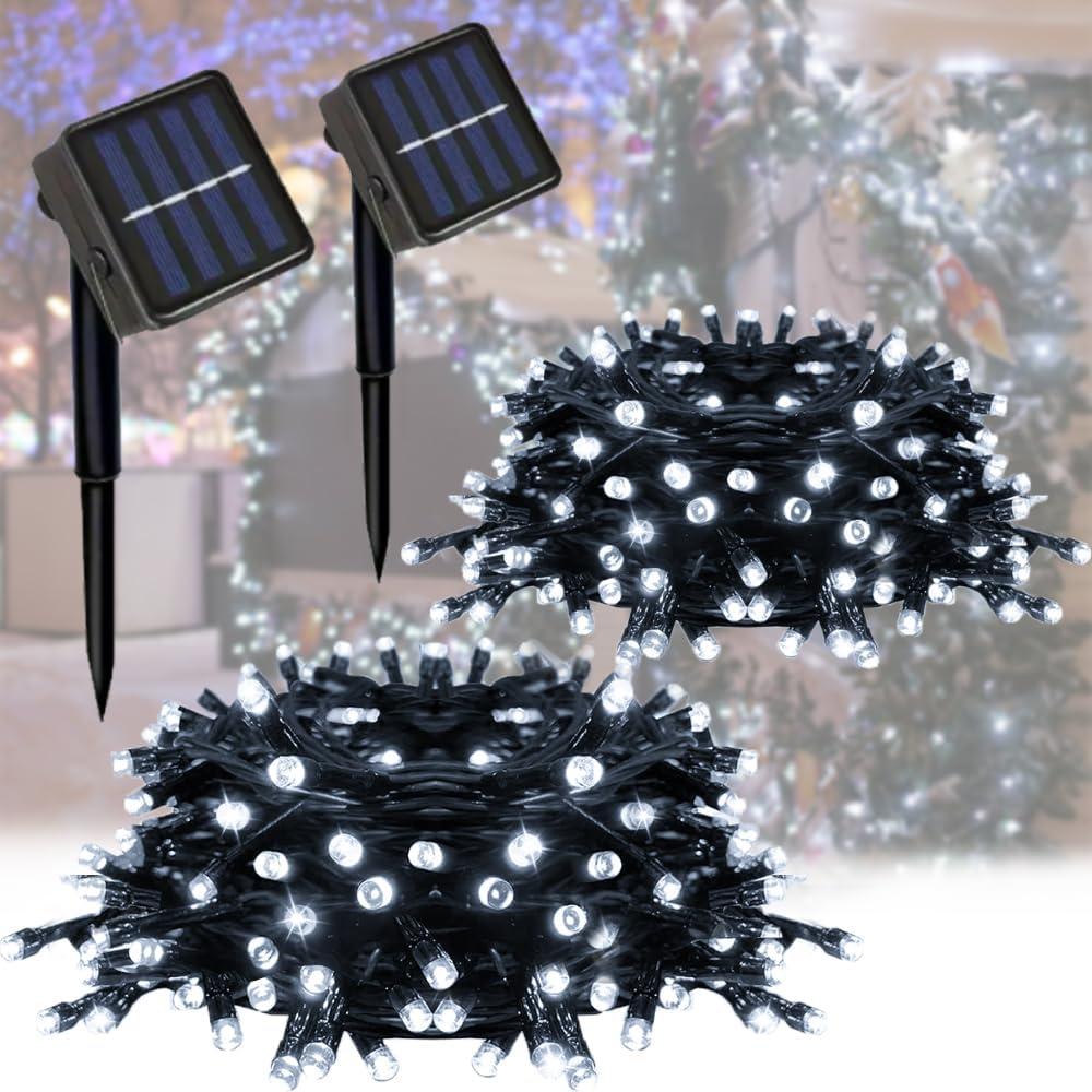 2 Pack Solar String Lights Outdoor, Total 100 LED Each 20Ft with 8 Lighting Modes for Yard, Fence, Balcony, Party, Christmas Tree Decorations (Warm White Light