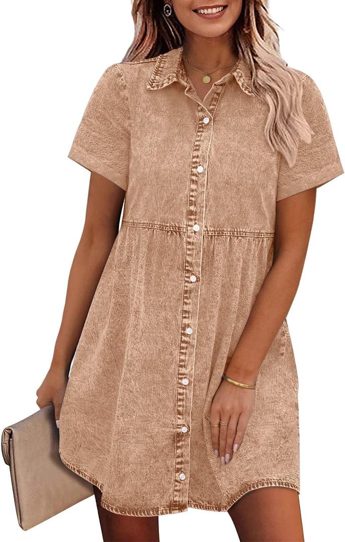 GRAPENT Denim Dress for Women Babydoll Tiered Short Sleeve Button Down Jean Shirt Dresses (Large, Pecan Brown)
