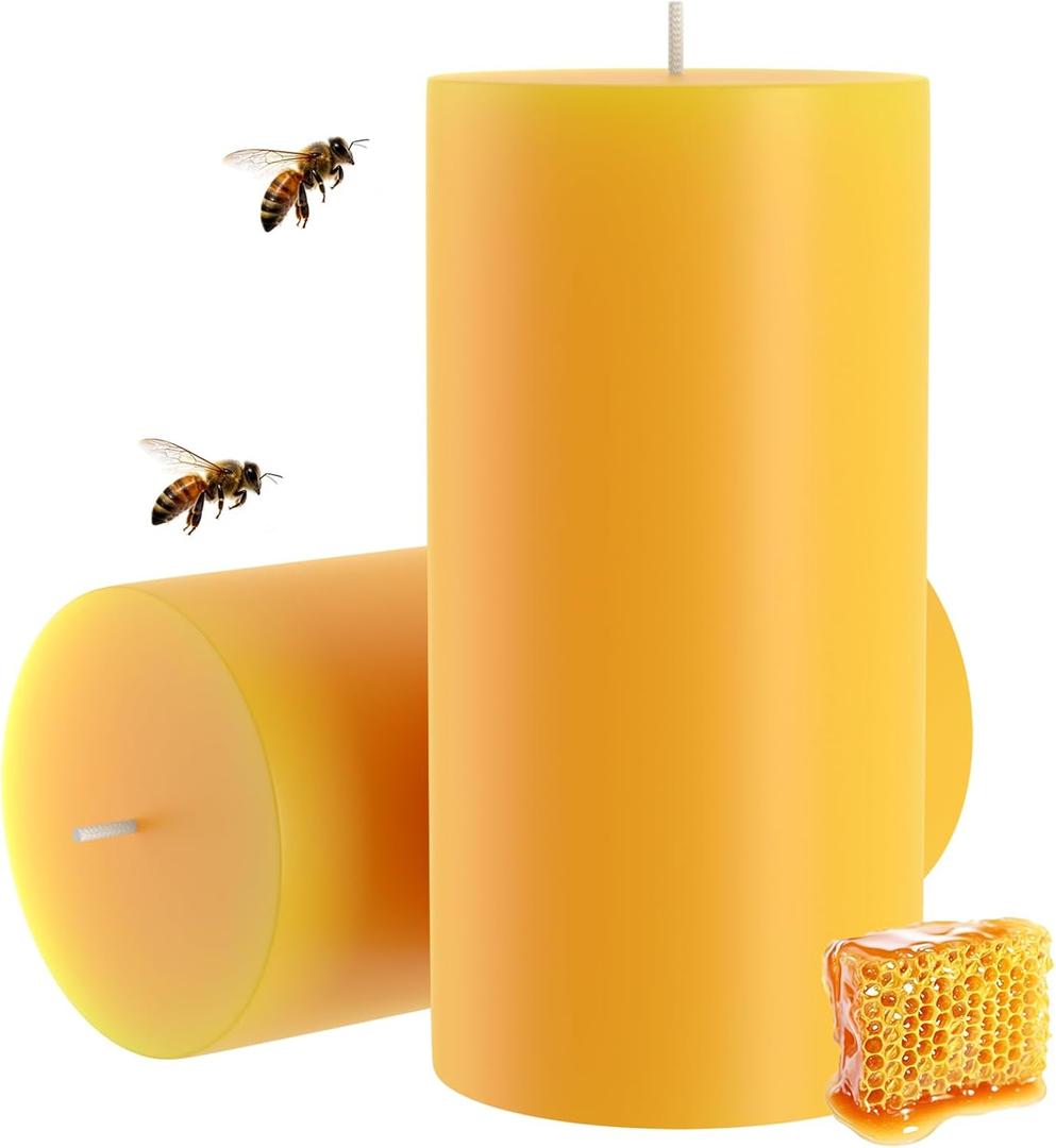 100% Pure Natural Beeswax Pillar Candles-170 Hours Long Burning Time Emergency Beeswax Candles | Organic Bees Wax for Home, Prayer, Christmas, Party | Unscented, Smokeless, Dripless 2 Pack (36 inch) (Yellow)