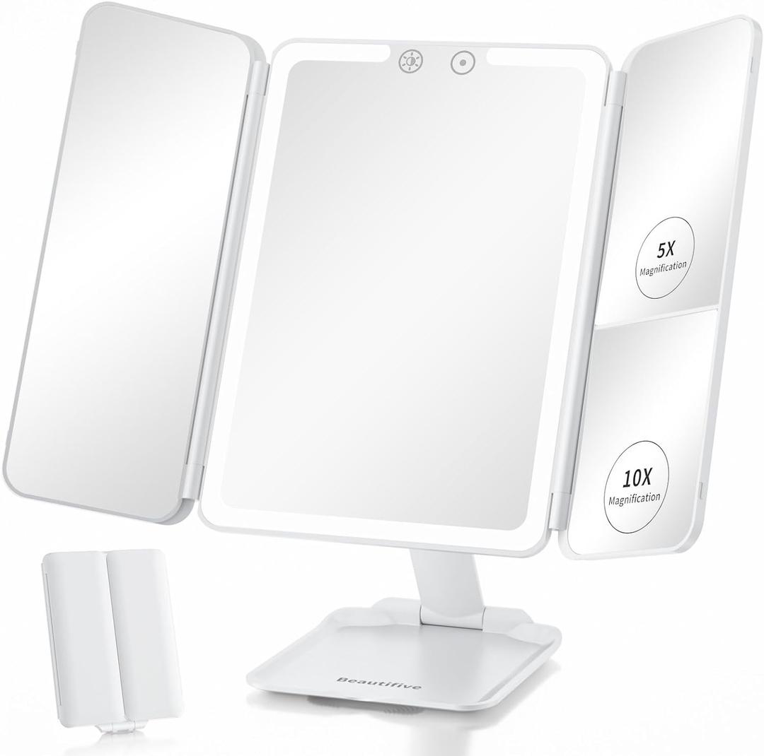 Rechargeable Travel Makeup Mirror with 48 LED Lights, 1X/5X/10X Tri-fold Vanity Mirror with Light, Protable Magnifying Mirror with Light, Stepless Dimming and Touch Control Table Mirror